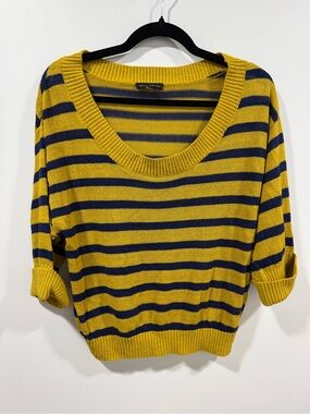 Willi Smith Mustard and Navy Striped Scoop Neck Sweater